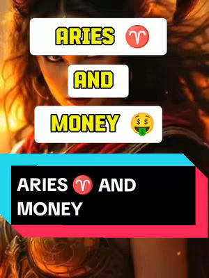 The cover image features a woman with dark hair and eyes as the background. Overlayed on top are text boxes with the words "ARIES" and "MONEY", along with the Aries symbol and money bag emoji. The layout is vertically oriented.