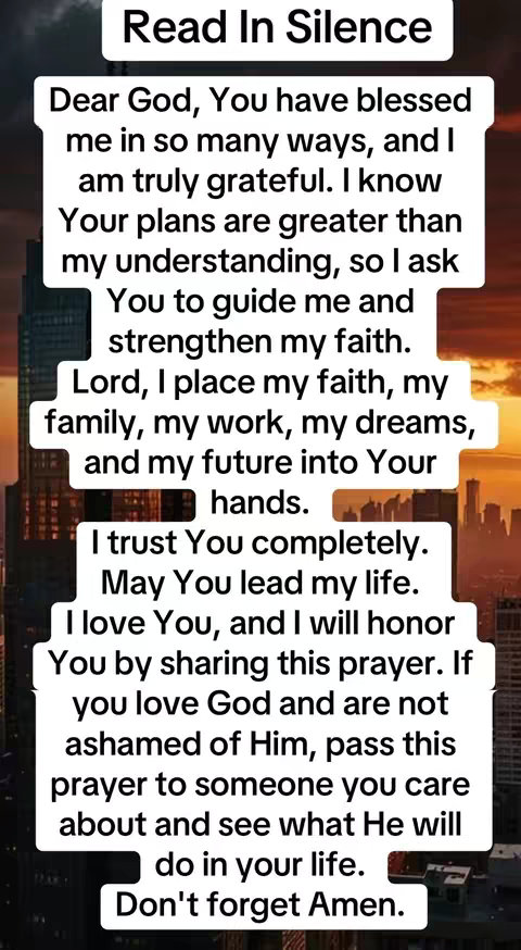 The image showcases a vertical layout with a background that transitions from a warm orange to a darker hue, possibly depicting a sunset or sunrise. A white rectangular shape with rounded corners contains a prayer. The text is dark, legible, and arranged in a clear, organized manner. The overall composition suggests a spiritual or inspirational theme.