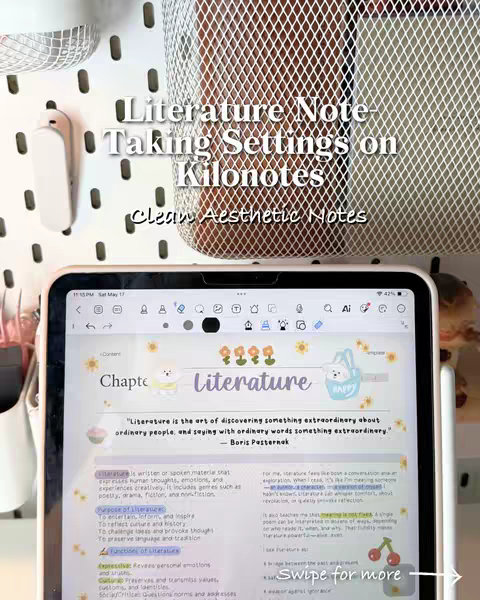A tablet displaying a Kilonotes interface is positioned at the center, showcasing digital notes with pastel highlights and a handwritten font. The background features a pegboard with white storage containers and a hanging accessory, creating a clean, organized aesthetic.