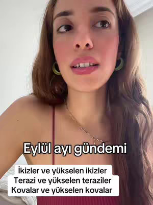 A woman with long brown hair, wearing a red top and a necklace with a heart pendant, is looking up and to the side. Text overlayed on the image reads 'Eylül ayı gündemi' and lists the zodiac signs for September.