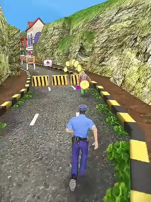The cover image shows a vibrant scene from a video game. A police officer character in a blue uniform is running towards the viewer, with a street scene in the background where an animated character runs and collects coins. The road is framed within a mountain pass with buildings visible in the distance.