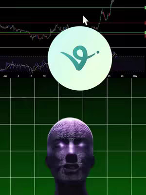 The image features a digital rendering of a face made up of numerous glowing squares. In front of it is a circular logo, with a chart in the background. The background is a dark green grid.