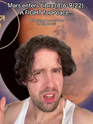 A selfie shot with a man in a white tank top looking serious in the foreground with a planetscape and astrological symbol in the background, with text overlayed at the top