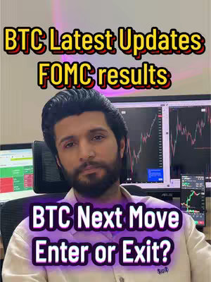 A cover image featuring a man in front of computer screens displaying financial charts. The man, with dark hair and a beard, looks directly at the viewer. Overlaid text includes the title and questions related to Bitcoin and FOMC results.