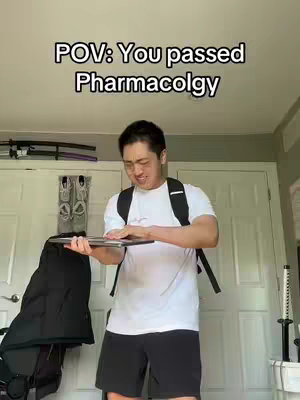 The cover image shows a young man wearing a white t-shirt, black shorts, glasses, and a black backpack. He's holding and looking down at a laptop in a room. Above him is text that reads, "POV: You passed Pharmacology". Behind him is a closed door and a closet with a jacket and shoes hanging from a rack. The setting suggests a home or dorm room.