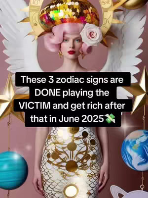 The image features a surreal, AI-generated design. The foreground is dominated by a woman with pink-tinted skin and exaggerated features, wearing a gold, intricately patterned dress. Above her head, there's a halo-like structure with wings and a large, white rose. Behind, various celestial elements are present (gold stars, planets, and a golden halo). The text overlayed in a black box has white fonts.