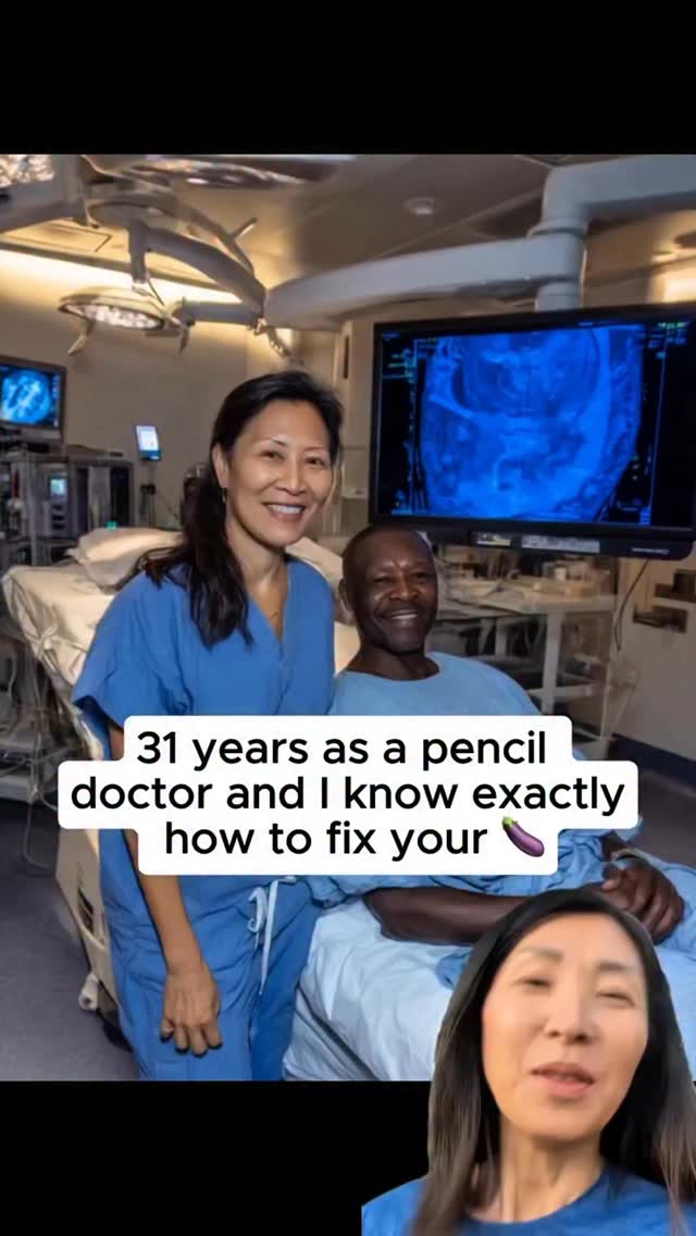 The image shows a medical setting with two doctors and a patient. In the foreground is a female doctor in blue scrubs, smiling and slightly leaned to the left. Beside her is an older African-American man. In the background is a medical monitor displaying what appears to be a scan. The overall setting is brightly lit with the blue tones of the scrubs contrasting with the skin tones of the two characters.