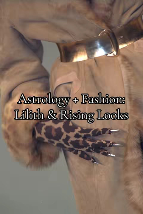 The image features a close-up of a person's arm, clad in a tan-colored fur coat. The arm is bent, revealing the sleeve adorned with furry trim. A leopard-print glove with long, silver-painted fingernails and a metallic belt is partially visible in the shot. Overlayed with the text is 'Astrology + Fashion: Lilith & Rising Looks'. The general aesthetic looks high-fashion, leaning towards a moody and mysterious vibe.