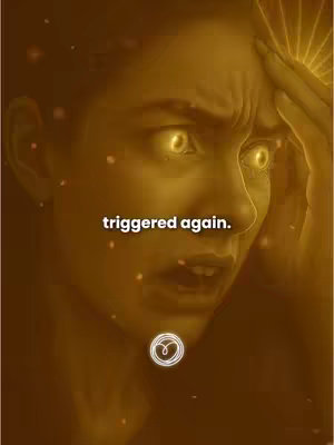 A close-up of a woman's face with a golden hue, lit from below, with glowing eyes and a hand on her forehead. Text overlayed: 'triggered again.'