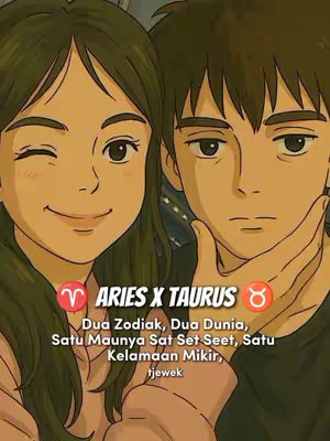An illustrated cover image featuring a couple, one winking and the other looking serious. Text overlays indicate references to Aries, Taurus, and Zodiac signs.