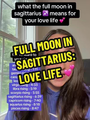 A woman with long brown hair is centered, smiling. The background is blurred but appears to be indoors, possibly near a window. Text overlays in boxes describe full moon effects on love life, with other text overlayed.