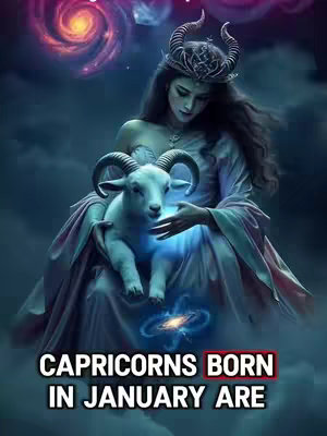 A digitally painted artwork features a woman with long dark hair, wearing a crown and a flowing dress, embracing a white goat with glowing blue light. Behind them is a cosmic background with swirling galaxies and nebulae, with the words "CAPRICORNS BORN IN JANUARY ARE" in a bold, rectangular text box at the bottom.