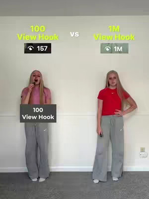Two young women stand facing the camera, one on each side. Above them, text in lime green boxes compare scenarios: '100 View Hook' on the left and '1M View Hook' on the right. The left woman holds a small object up to her mouth and the right woman has her hand on her hip. White walls and a neutral floor provide the backdrop.
