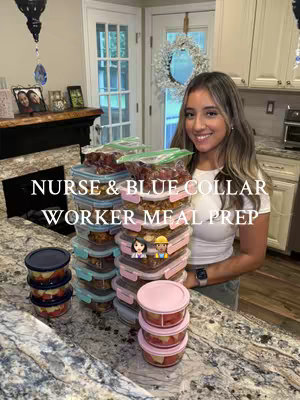 A woman stands in a brightly lit kitchen, smiling and holding a stack of meal-prepped food containers. Text overlays read, 'NURSE & BLUE COLLAR WORKER MEAL PREP' with emoji. The scene conveys health and efficiency.