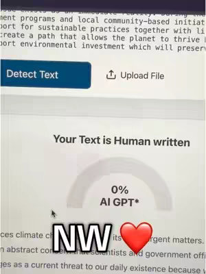 A screenshot of a web page showing text analysis results. The website indicates that the user's text is human-written, with a 0% AI GPT score. At the bottom, the overlay shows the initials 'NW' with a heart emoji.