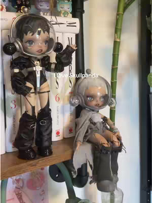 The image showcases two Skullpanda action figures positioned on a shelf. The figure on the left is in a black outfit and a clear helmet, with its arm raised. The figure on the right has a similar helmet and is seated. A variety of books act as a backdrop, and a green stem is visible on the right.