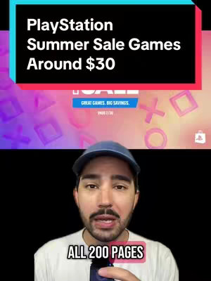 A man in a blue cap is centered in the frame, set against a blurred background of a video game interface. Above him, a black rectangular overlay features white text announcing 'PlayStation Summer Sale Games Around $30' in large font, with a smaller subtext indicating 'GREAT GAMES. BIG SAVINGS.'. At the bottom, the man is holding a phone, and there is a pink rectangular overlay containing the words 'ALL 200 PAGES'. The background has PlayStation controller icons.