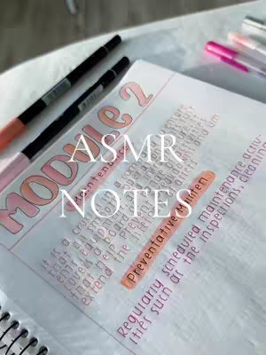 A close-up shot of an open notebook featuring handwritten notes and highlighted text with two pens and some markers in the background. The notes are titled 'MODULE 2', and the hook text 'ASMR NOTES' is prominently displayed.