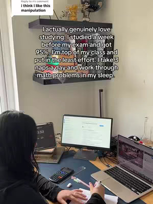 A person is shown from the back, sitting at a desk with school supplies, laptops, and a timer. The desk is in a room with minimal decor. Text overlays provide information about study habits and results.