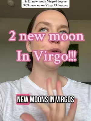 A medium shot of a woman looking up, speaking with her hands and three separate text overlays. The text overlays include the phase of the moon and a description of zodiac signs.