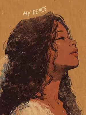 An illustrated portrait showing a woman in profile, gazing upwards with closed eyes against a warm, mustard-colored background. She has dark, voluminous curly hair, and her skin tone is a rich, warm brown. The illustration is soft with delicate lighting, creating a sense of serenity and introspection.