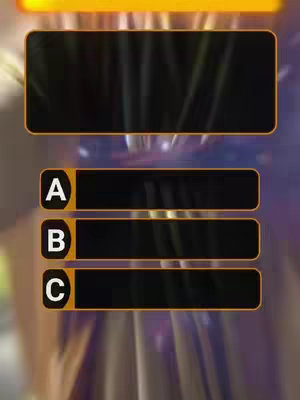 The image shows a quiz interface, featuring a question at the top and three answer choices (A, B, C) below. The background has blurred streaks of light, and the overall aesthetic is modern with a techy feel.