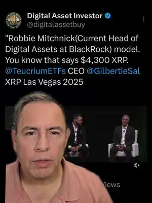 The image is a screenshot with a split view. Half of the frame is a selfie of a man in a pink shirt, looking directly at the camera. The other half displays text from a Twitter post discussing XRP, BlackRock, and mentions of the upcoming XRP Las Vegas event in 2025. Additionally, there are two men seated in a conference setting.