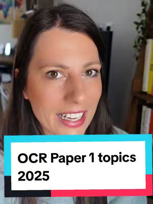 A woman with brown hair and brown eyes looks directly at the camera, speaking. The bottom portion of the frame features a text box with the words "OCR Paper 1 topics 2025". The background includes a blurred interior with hints of furniture and plants.