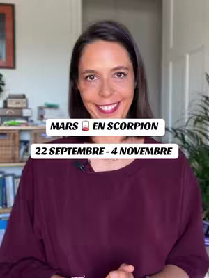 A woman with dark hair smiles at the camera, with text overlays about Mars in Scorpio.