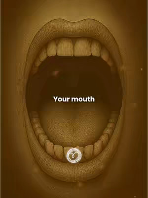 The cover image shows a close-up of a wide-open mouth, with the teeth visible. The background is a muted, sepia-toned color, and the text "Your mouth" is directly in the center. Inside the mouth, a bright white looping spiral is placed on one of the bottom teeth.