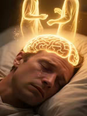 An AI-generated image of a man lying in bed, appearing to be asleep, with a tear on his face. Above his head is an illuminated brain, and two ethereal figures are hovering above.