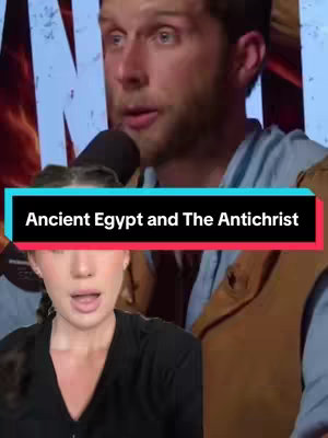 The image is a split-screen with the top half featuring a man speaking into a microphone against a blurred background. The bottom half shows a woman looking directly at the camera with a focused expression. An overlay in a black and red rectangle reads "Ancient Egypt and The Antichrist."