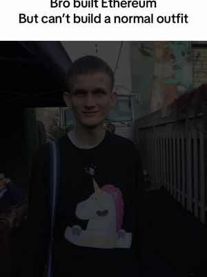 The image features a man in a black t-shirt with a unicorn graphic. Above the man is text that reads, "Bro built Ethereum But can't build a normal outfit". The man is facing the camera, and behind him is a blurred outdoor setting.