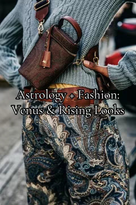 The image is a fashion and astrology-themed shot featuring a model in patterned pants and a gray sweater. Overlayed text reads 'Astrology + Fashion: Venus & Rising Looks'. The model is wearing a brown side bag. The overall composition combines fashion with astrological insights, suggesting style advice.