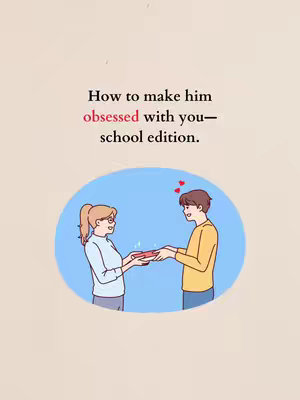 The image features a stylized illustration of a woman and a man, likely in their school years, set against a cream background with a light brown tone. The main element is a blue oval in which the woman and man stand. The woman, wearing glasses and a light blue shirt, extends her hands to offer a small, red gift to the man. The man, on the right, has his arms open to take the gift. Both figures are drawn with simple lines and shapes. Above the man's head are two small red hearts, symbolizing affection. The background is minimalistic.