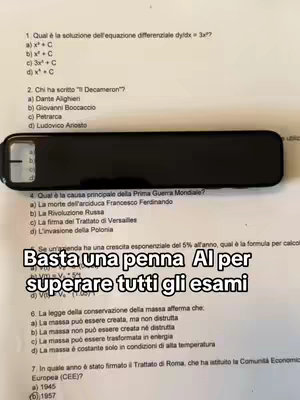The cover image shows a close-up of a sheet of paper with math questions, a phone case, and a text overlay at the bottom. The text overlay says, 'Basta una penna Al per superare tutti gli esami' which is italian for "Just a pen to pass all the exams."