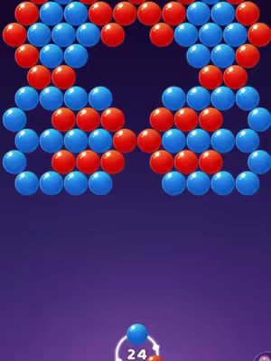 The cover image shows a bubble shooter game interface against a purple background. Numerous blue and red bubbles are arranged in a pattern, forming a background of the game. At the bottom is a blue bubble with a number 24 displayed inside a white circle.