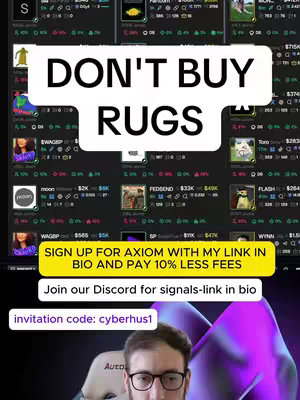 The cover image shows a screenshot of a crypto trading platform, with charts and data displayed. A large white rectangle overlay with the text "DON'T BUY RUGS" is prominently featured. Below, contact information and a call to action are displayed above a man wearing glasses.
