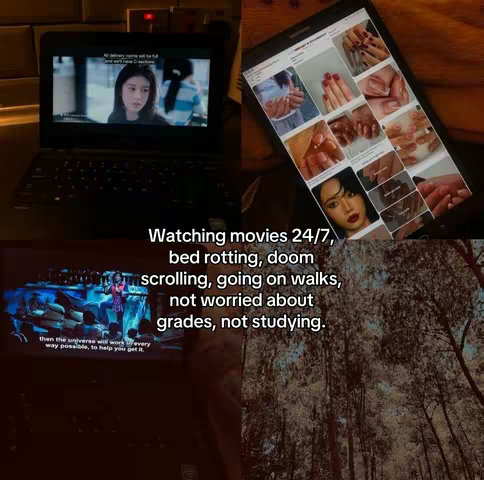 The image is a collage of four smaller images. The top left shows a laptop screen playing a video. The top right displays a tablet showing several images of manicured nails. The bottom left captures a screen showing what appears to be a movie scene, displaying text in English. The bottom right portrays a blurry image which is a view of some trees in front of a brown background. Overlayed, centered against a black background, is white serif font text. This text states what appears to be the creator’s daily activities. The colors used are generally warm tones.
