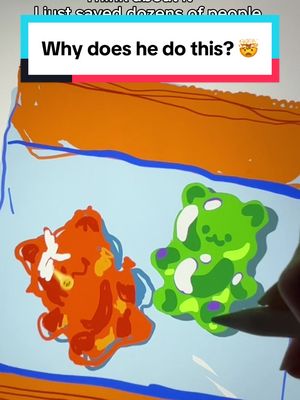 A colorful digital illustration featuring two gummy bear candies drawn on a tablet or digital canvas. The illustration is playful and has a messy, artistic style. On top of the image is a banner with text.