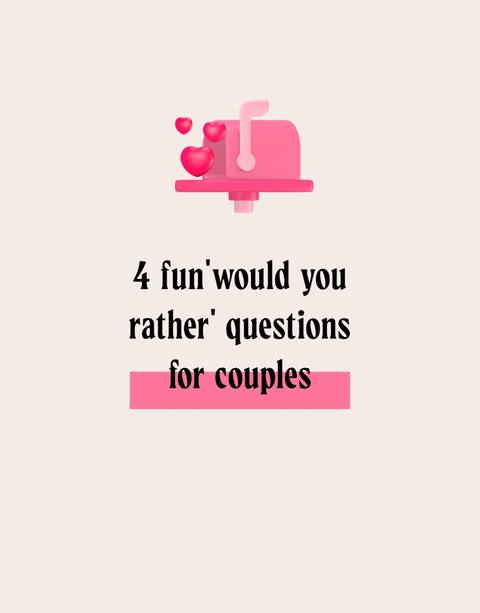 The image features a light beige background with a pink mailbox graphic at the top. Below the mailbox, the text overlay reads, \"4 fun 'would you rather' questions for couples.\" The text is in a bold, black font with a pink highlight.