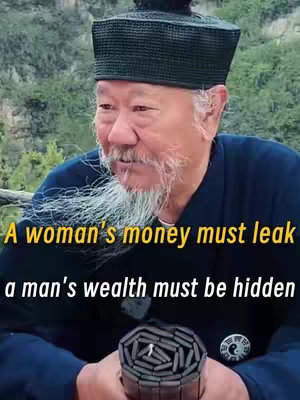 The cover image features an older Asian man wearing a dark hat and a traditional-style dark blue shirt. He has a long, white beard and is looking slightly off-camera. Text overlays in yellow and white state, "A woman's money must leak / a man's wealth must be hidden." In the foreground, the man is holding a dark, cylindrical object. The background shows a blurry natural landscape with greenery.