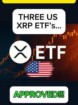 The cover image is a vertical graphic featuring a red and dark background with overlaid elements. At the top, a yellow banner holds the words "THREE US XRP ETF's..." in a white, bold sans-serif font. Below that, the XRP logo, a white 'X' within a black circle, is positioned to the left, with the word "ETF" in large white capital letters to the right. Underneath the ETF text is an image of the American flag, distorted in a brushstroke style, with visible stars and stripes. At the bottom of the image, a white rectangle displays the text "APPROVED!!!" in a vibrant green, also in a bold sans-serif font. The background contains a graphic of ascending and descending financial lines, with a dark theme that suggests a market or financial context for the video. The overall composition uses a limited color palette. The yellow banner, white text, and green "APPROVED!!!", along with the XRP logo and American flag, create a visually engaging layout. The use of the stock chart background adds a professional feel, and the fonts are easy to read across the image.
