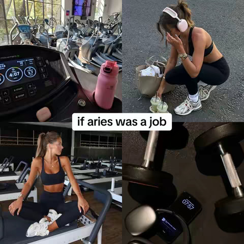 A collage of four images related to fitness and gym activities. The top left shows gym equipment. The top right shows a person in workout attire, with headphones and drinks. The bottom left highlights a person on a treadmill. The bottom right shows dumbbells and a smart watch.