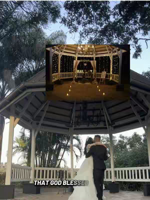 An image of a wedding scene in an outdoor gazebo setting. In the foreground a couple in wedding attire are embracing and looking down. Over them the gazebo structure that has wedding decorations and string lights. In a smaller inset is a different but related photo of the wedding setup. The scene is lit by soft, warm light.