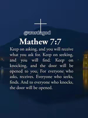 The image is a vertical graphic with text overlayed on a blurred background. The top part of the image shows a white cross shape on a blue background. The text is white and centered, with the title 'Mathew 7:7' in a larger font size. The rest of the text is the verses, organized in legible lines. At the bottom are the words '#jesuslovesyou #bibleverse #viral'.
