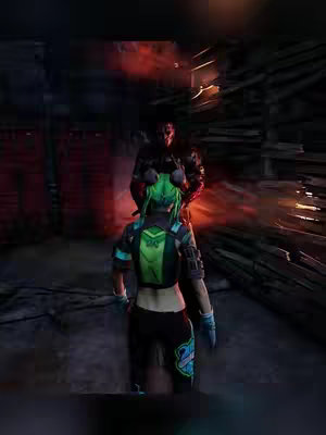The cover image is a screenshot from a video game with two figures in a dimly lit setting. A character in a teal and black outfit with green hair is facing away from the camera, standing in a dark hallway or room. Behind them, another figure in a dark, shadowy form with a red glow, is approaching. The overall composition is dark with muted colors with red, black, and teal being most prominent.