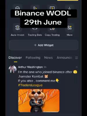 The cover image shows a screenshot of the Binance app's interface, with a notification at the top indicating 'Binance WODL 29th June'. Below, a post from 'Arthur Washington' is visible, with the text 'I'm the one who joined binance after .hamster Kombat' and an image of a hamster wearing sunglasses. The background is dark, with the app's menu options visible.