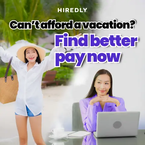 The image is a promotional graphic with a split design. On the right, a woman is seated in front of a laptop. On the left, another woman joyfully holds a beach bag, arms outstretched in an open-armed stance.