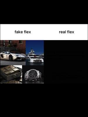 The cover image is divided into two columns by a horizontal line. Above the line, the words "fake flex" are above the left column, and "real flex" is above the right column. Below the line, four images are set up, the left column shows a silver sports car, a stack of money, and a silver watch. The right column is a yacht in the ocean and a shiny watch.